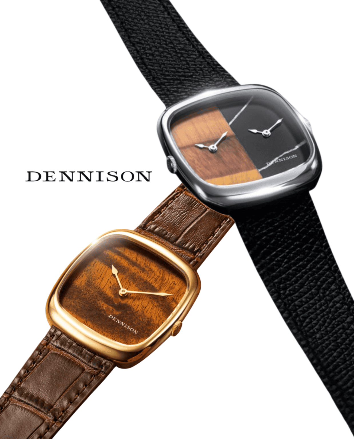 PHOTO DE PROFIL PDP - Dennison - Deux montres Dennison avec cadran bois et boîtier coussin, bracelet cuir noir et marron - Visuel Tens Horology